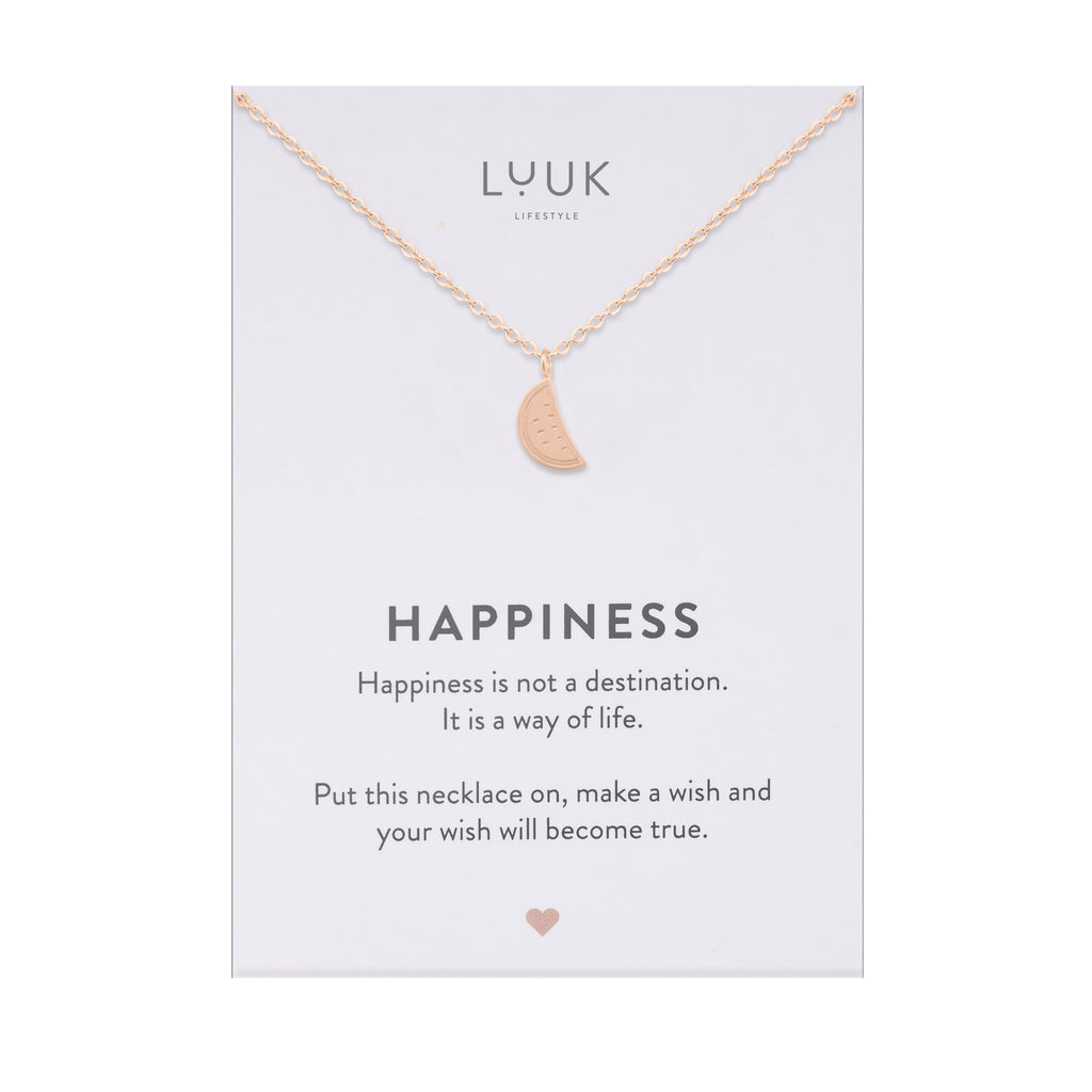 LUUK LIFESTYLE Filigrane Halsketten mit Anhänger und Karte mit HAPPINESS Spruch, zeitloses Design und moderne Motive, in Silber, Gold und Rosegold