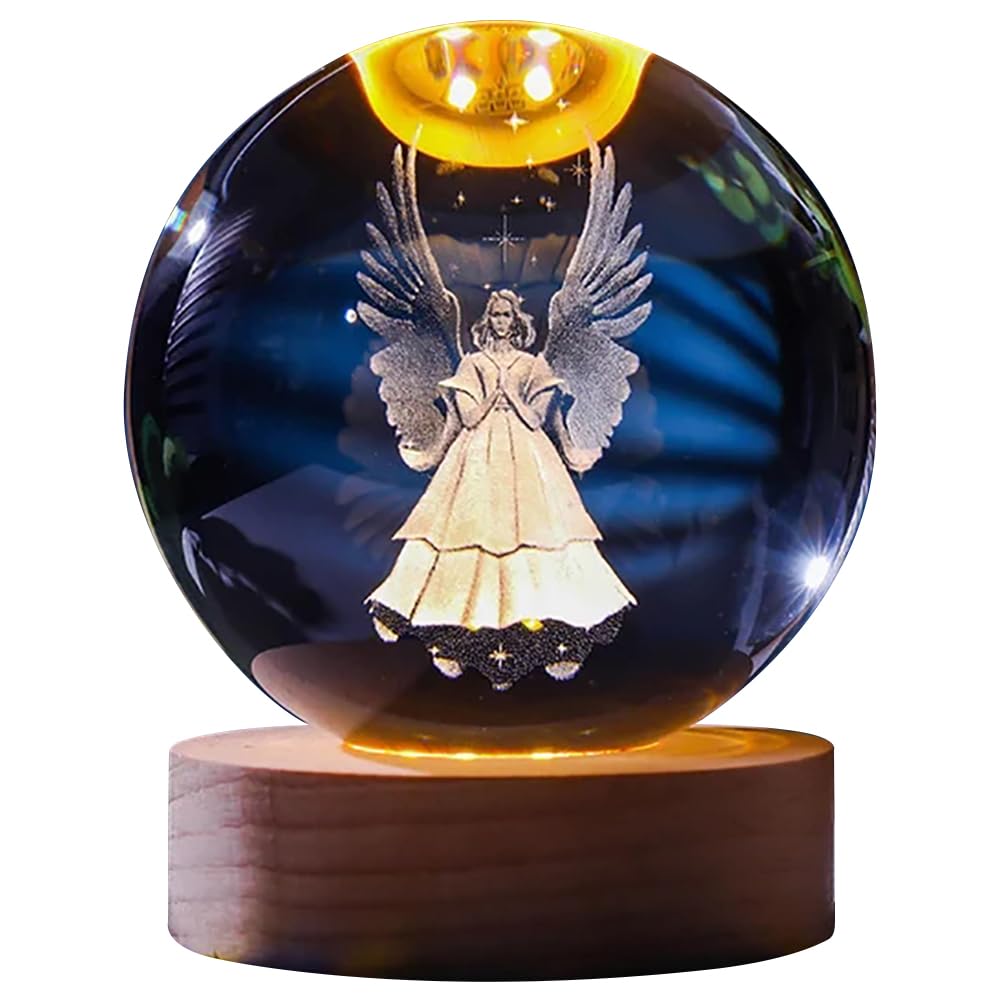 Demiawaking USB 3D Kristallkugel mit Holzsockel 3D Sonnensystem mit LED, Tischdeko Planet Lampe Nachtlicht, Geburtstag Kinder Geschenke, Party Deko (Milchstraße mit Quadrat Holzsockel)