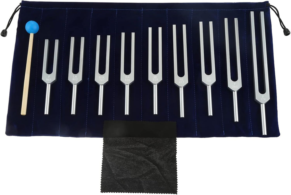 Dreld 9-Piece Solfeggio Tuning Fork Set with Silicone Hammer Bag, 174/285/396/417/528/639/741/852/963 Hz Aluminium Tuning Forks for DNA Repair, Healing, Sound Therapy, Medical Tuning Fork