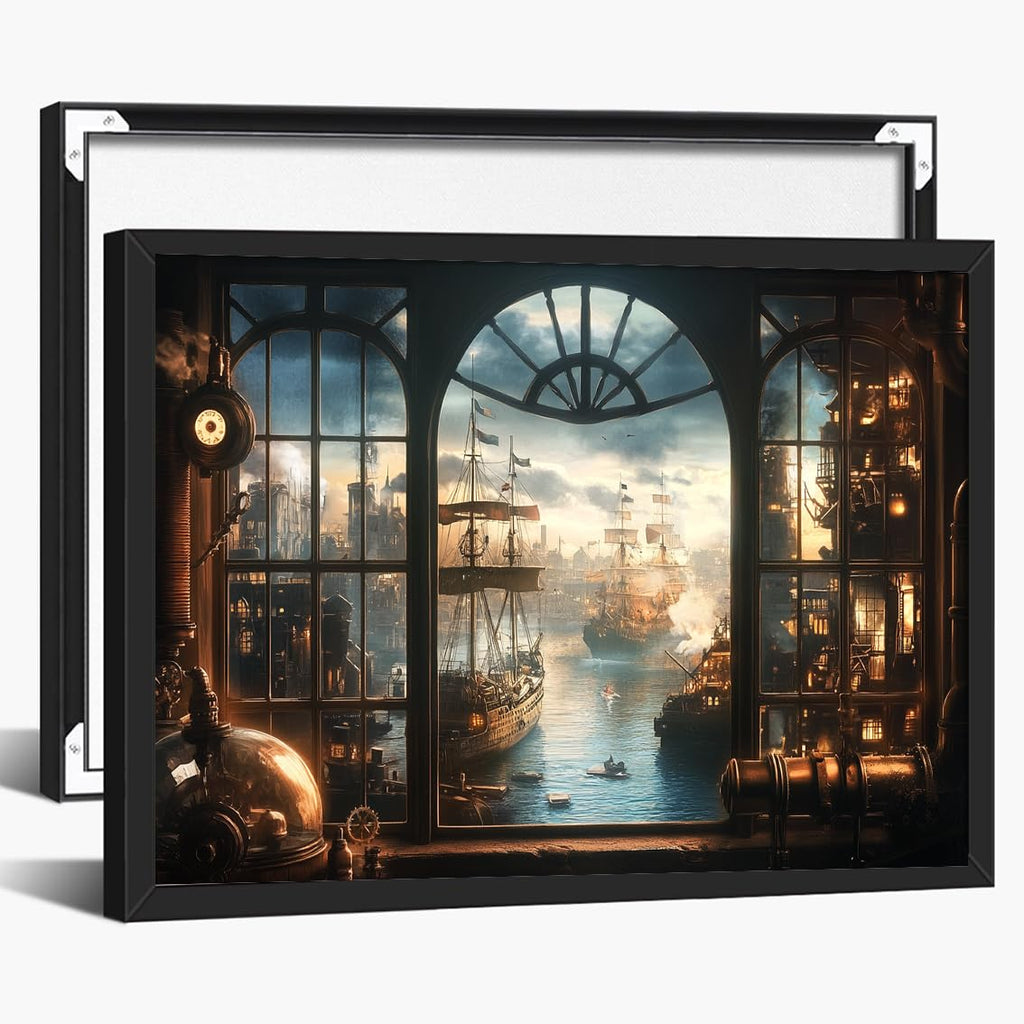 Steampunk Airship Canvas Wall Art Vintage Cityscape Illustration with Metallic Airship and Ornate Buildings Fantasy Sci-Fi Print for Office Lounge Studio Posters 11x14in Unframed