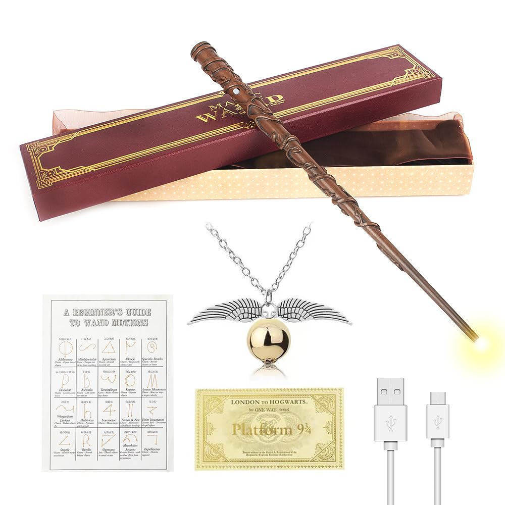 Voldemort Zauberstab Glühen, Zauberstab Voldemort mit Licht, USB Aufladung zauberstab Voldemort, Volde-Mort Harry stab in Geschenkbox mit Zauberspruch-Karte, Stationsticket und Halskette