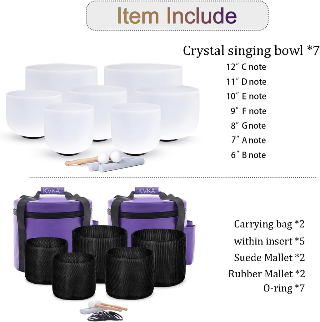 KVKA Kristall-Klangschalen Set, 6-12 inch 432Hz Weiß Frosted Quarz Chakra Sound Healing Klangschalen für Meditation Yoga Entspannung Stressabbau mit Tragetasche