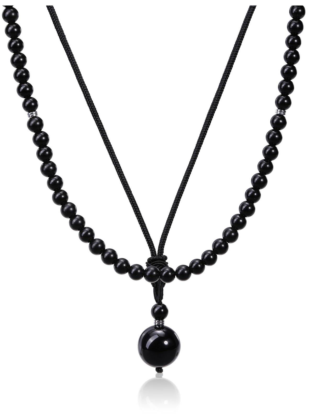 2pcs Men's Necklace Tiger's Eye Obsidian Beads Chains Black Braided Cord Chain with Ball Stones Pendant Crystal Chain Healing Stones Jewellery Spiritual Gift for Men Boys