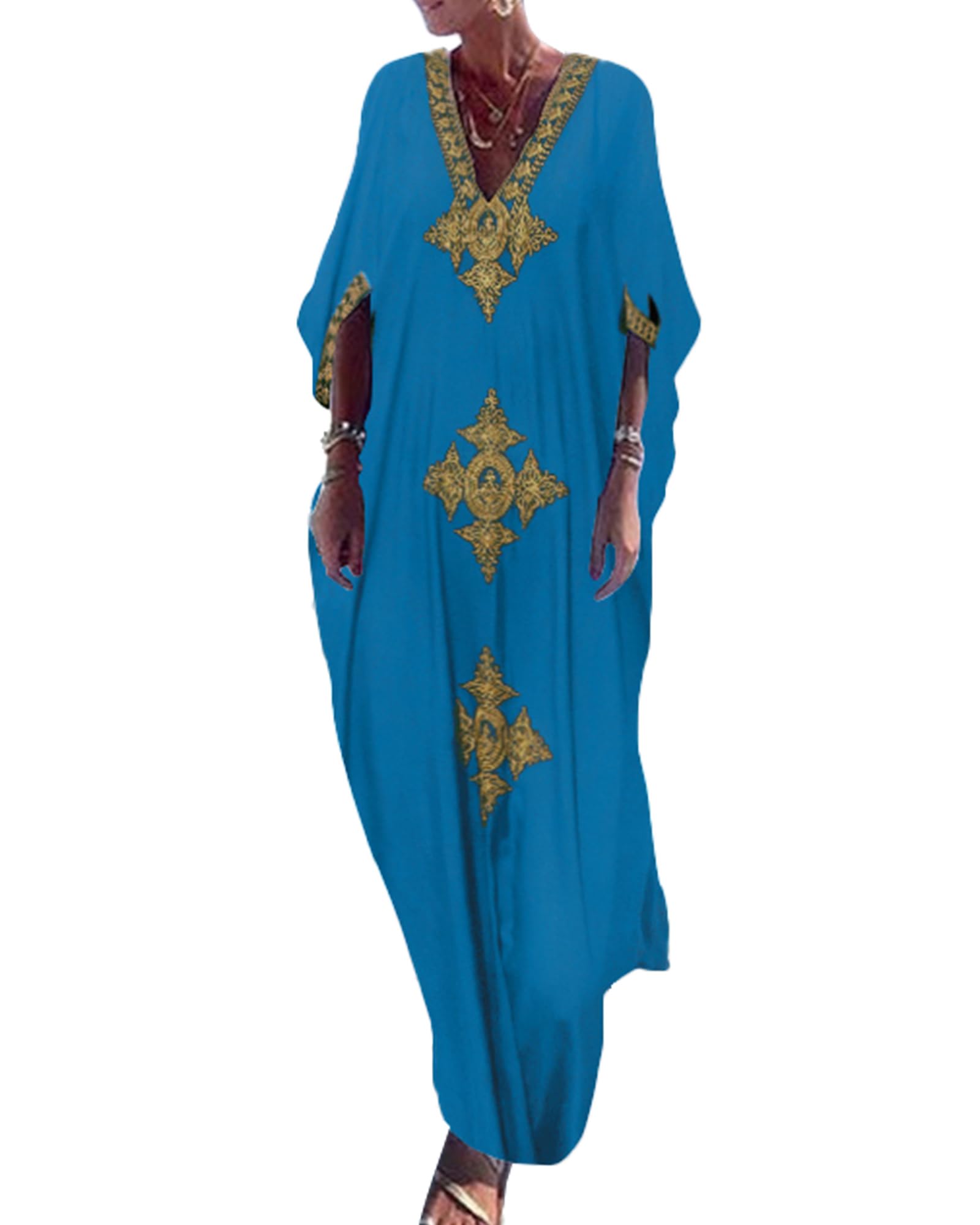 Bsubseach Gold Embroidery Long Kaftan Dresses V Neck Caftan Dress Beach Cover Ups for Women Embroidery