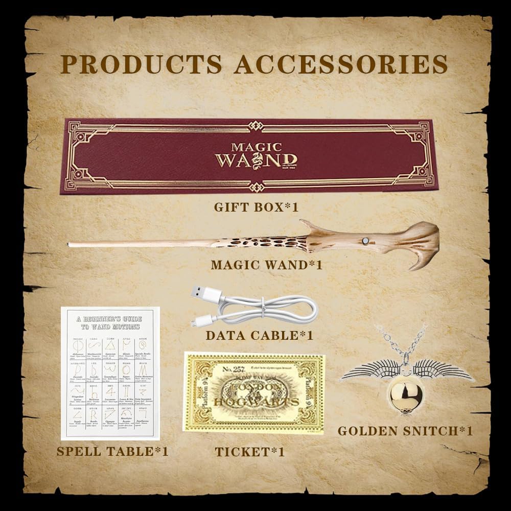 Voldemort Zauberstab Glühen, Zauberstab Voldemort mit Licht, USB Aufladung zauberstab Voldemort, Volde-Mort Harry stab in Geschenkbox mit Zauberspruch-Karte, Stationsticket und Halskette