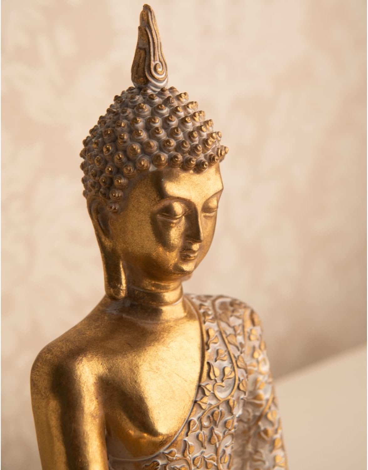 dszapaci Buddha Statue Gold 30cm Dekofigur sitzend mit weißem Muster Buddha Deko Figur klein
