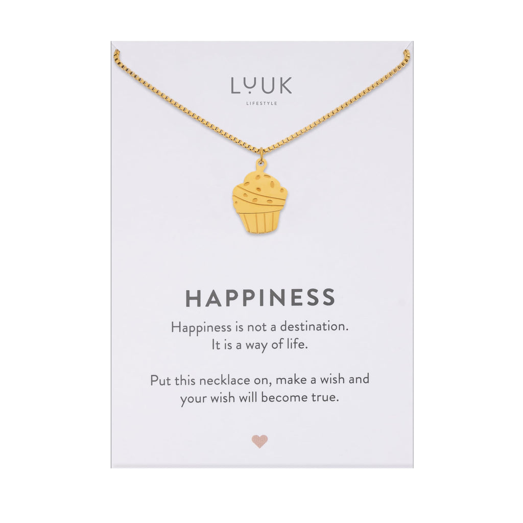 LUUK LIFESTYLE Filigrane Halsketten mit Anhänger und Karte mit HAPPINESS Spruch, zeitloses Design und moderne Motive, in Silber, Gold und Rosegold