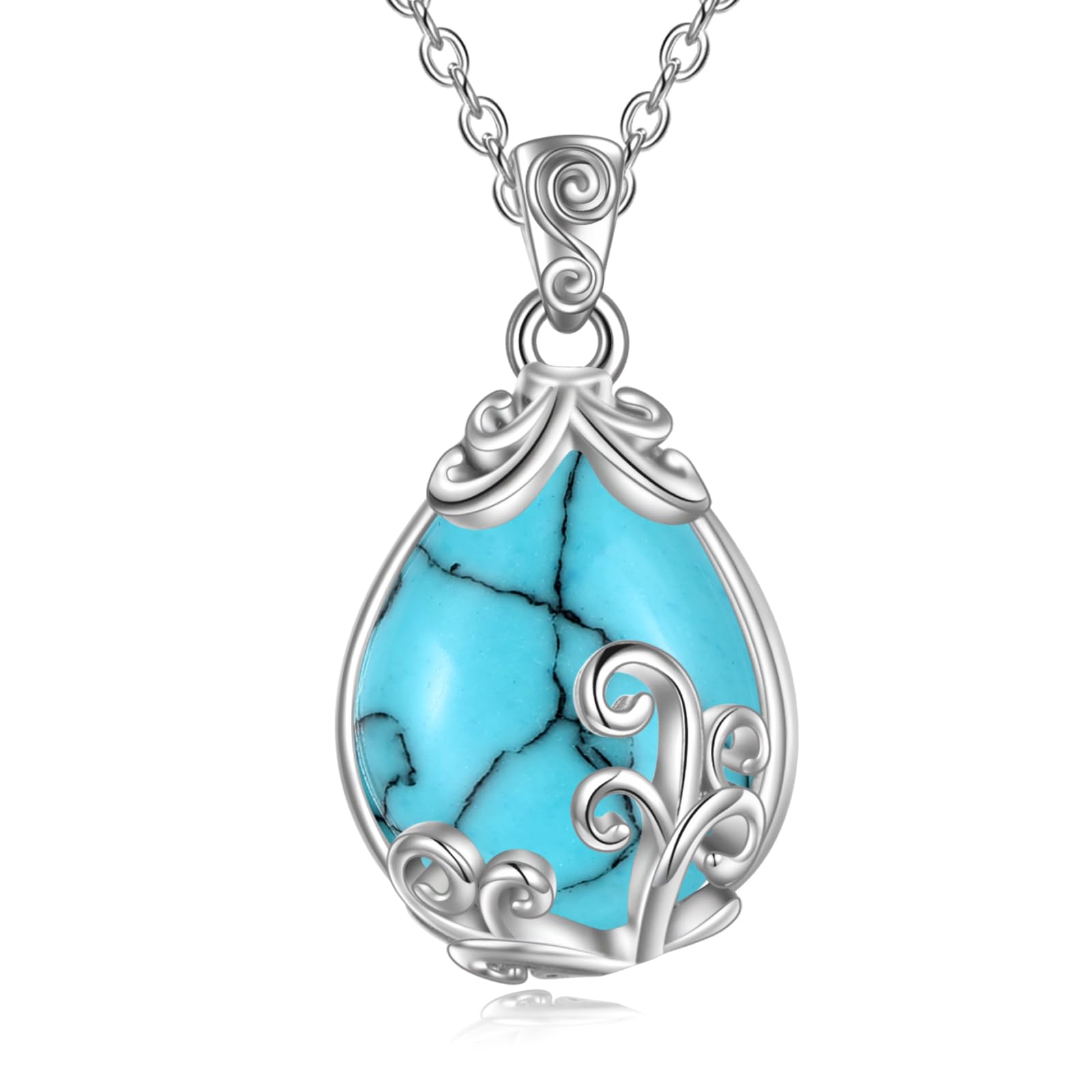 POPLYKE Sterling Silver Gemstone Filigree Teardrop Pendant Necklace Crystal Jewellery for Women