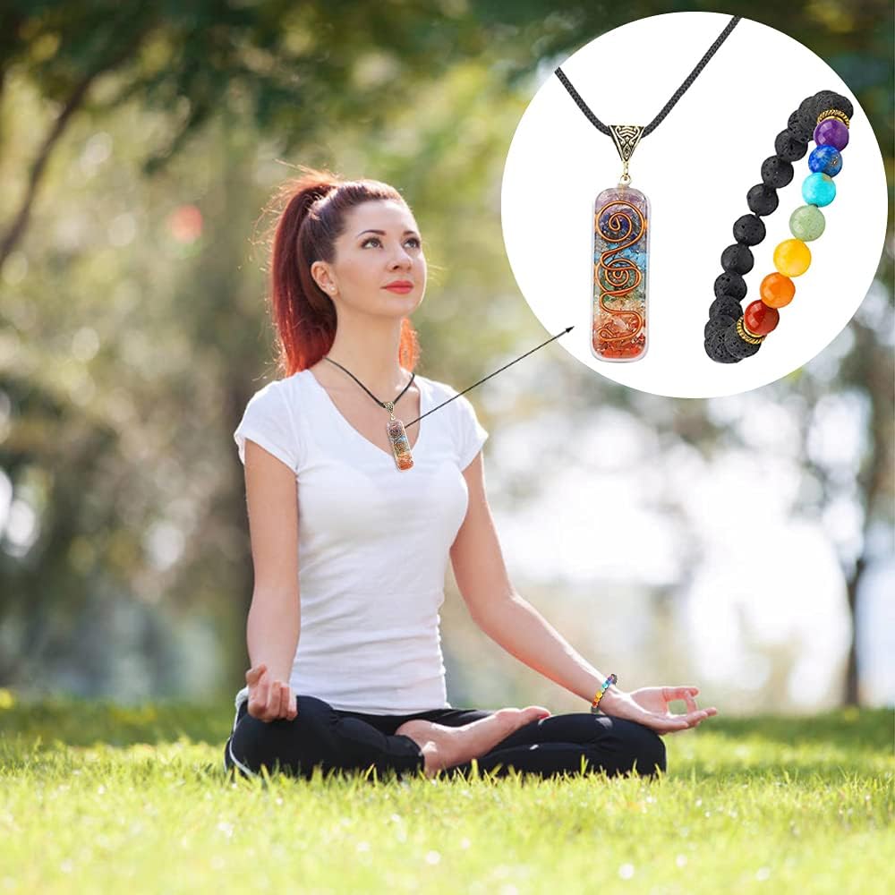 TOFBS Chakra Crystal Pendant Necklace & Bracelet Jewellery Set for Men and Women, Reiki Healing Stone Necklace Bracelet Lucky Charm for Healing Protection Positive Energy Yoga Balance Meditation