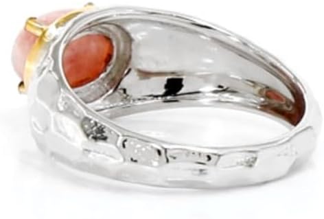 Cavill Silberring 925 platinierter Rhodochrosit 1,91 ct ovaler Cabochon aus Argentinien, moderner gehämmerter Look mit goldfarbenem Akzent, elegant roséfarben, 24x21 mm