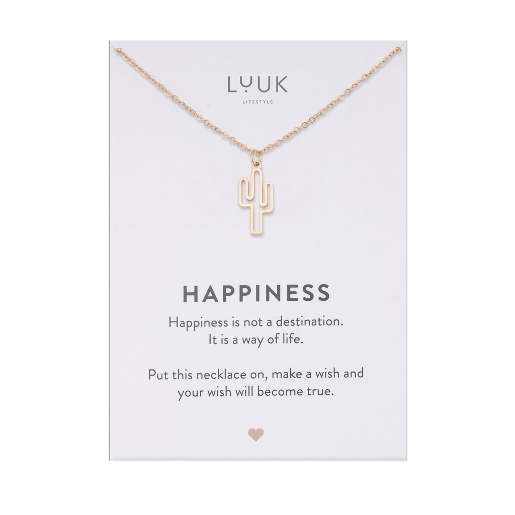 LUUK LIFESTYLE Filigrane Halsketten mit Anhänger und Karte mit HAPPINESS Spruch, zeitloses Design und moderne Motive, in Silber, Gold und Rosegold