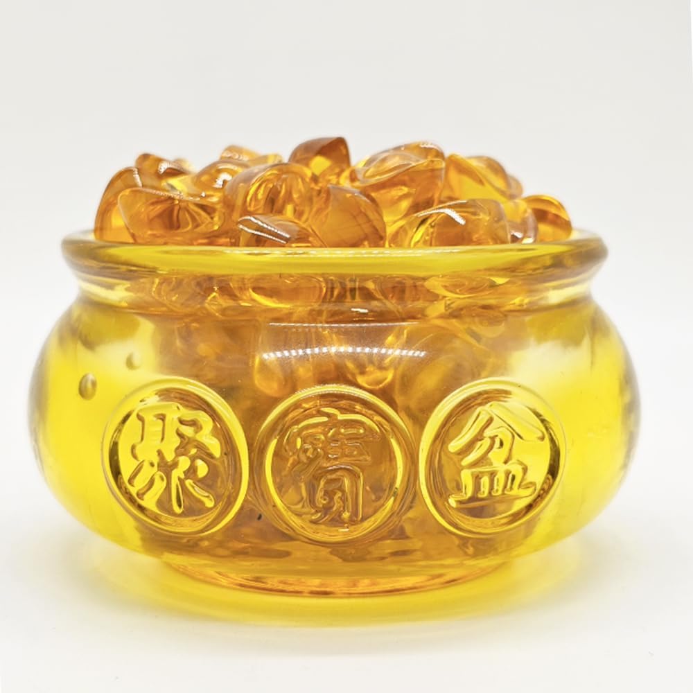 Aisamco handgemachtes Kristallglas Feng Shui Golden Treasure Becken mit Barren/Yuan Bao, viel Glück Reichtum Porsperity Figur für Feng Shui Dekor, Home Office Dekor, chinesisches Stil Geschenk