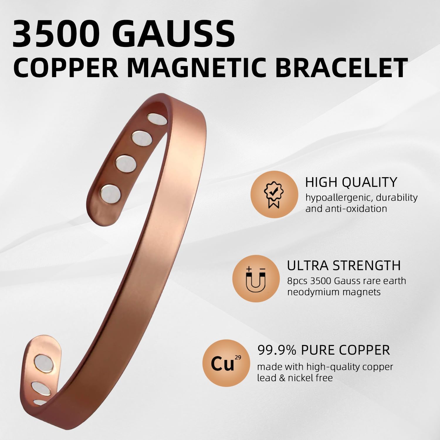 MagEnergy Copper Bracelet for Men and Women 99.9% Pure Copper Bangle 6.8 Inch Adjustable with 8 Magnets