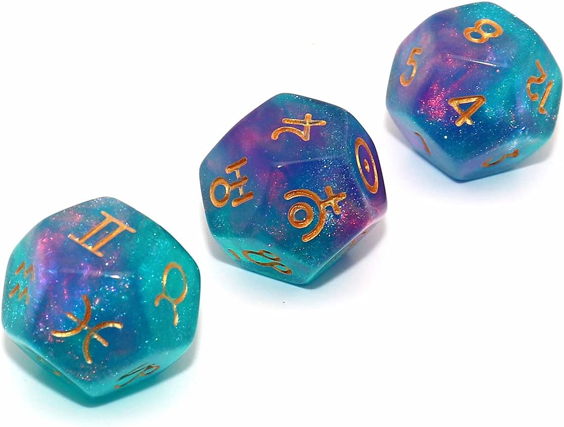 CREEBUY 3 Pieces Astrological Dice for Constellation Divination 3 Colors D12 Glitter Craft Dice Polyhedral Set