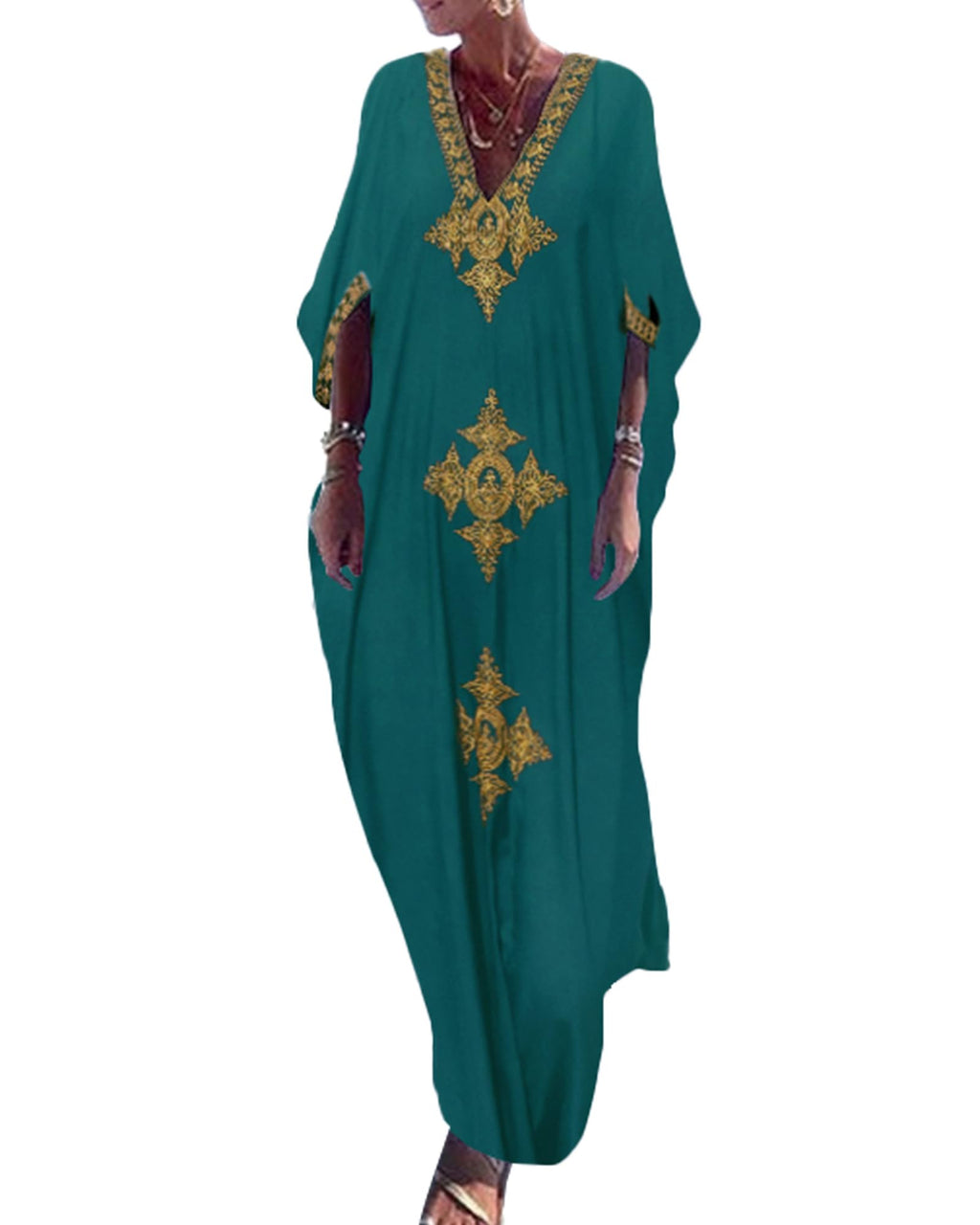 Bsubseach Gold Embroidery Long Kaftan Dresses V Neck Caftan Dress Beach Cover Ups for Women Embroidery