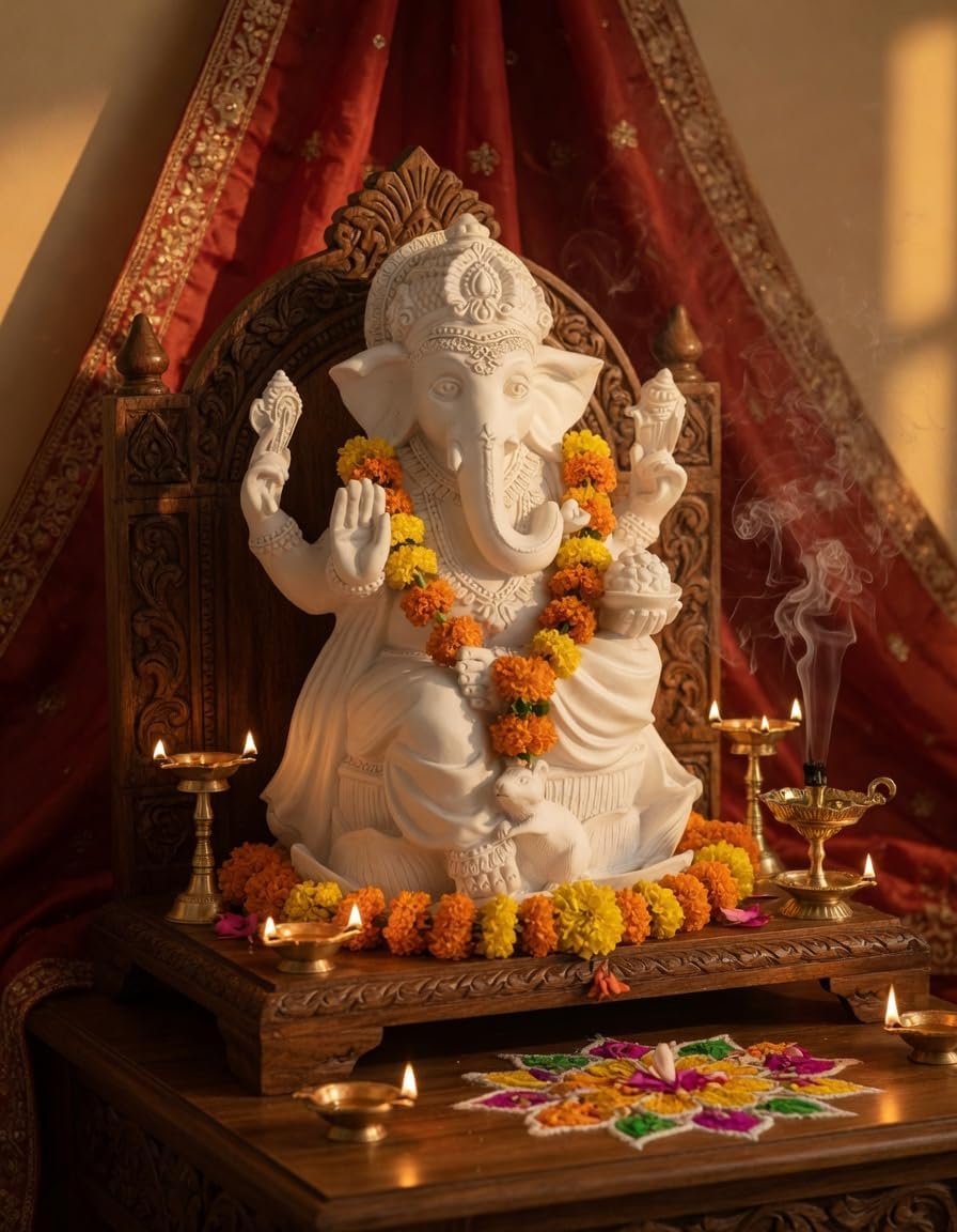 Bellaa Ganesha Statue 7 Inch, Hindu God, Ganpati, Vinayaka, Murti Marble Powder Sculpture, Meditation Room, Spiritual Blessing Good Luck Gift 20957