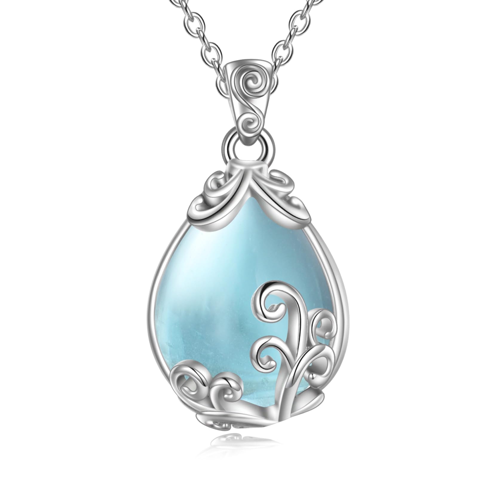 POPLYKE Sterling Silver Gemstone Filigree Teardrop Pendant Necklace Crystal Jewellery for Women