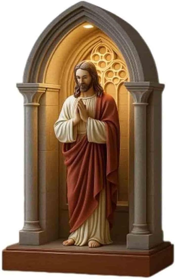 Jesusstatue, LED-Tischlampe, elegante heilige Herz-Jesus-Figur, beleuchtete Statue im gotischen Stil, Nische, religiöse Tischlampe, Dekoration für Zuhause (18,5 x 10,5 x 5 cm)