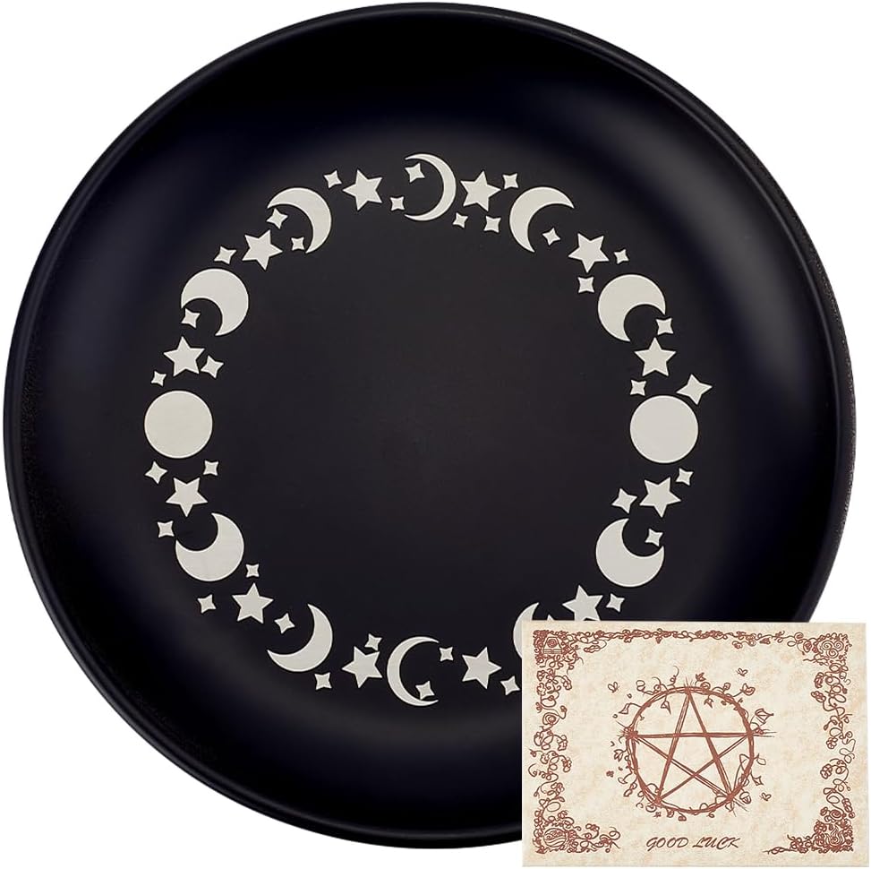 CREATCABIN Phase Moon Star Opferschale Altar Ritualteller Schale Edelstahl Flache Schale Rund Schmucktablett Gebet Tarotteller Schwarzer Ringhalter Schmuckstück Mit Karte Zum Räuchern Dekoration 14cm