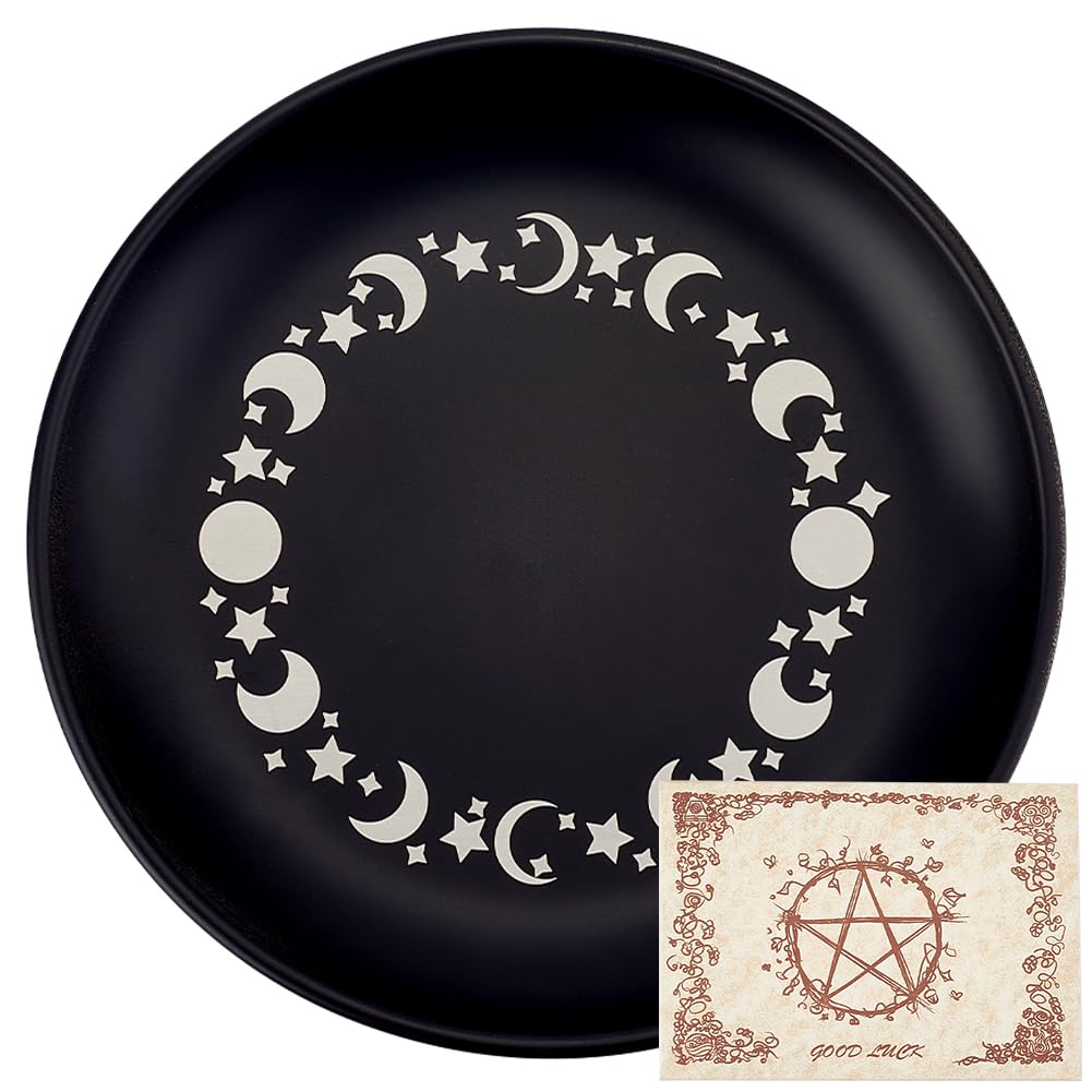 CREATCABIN Phase Moon Star Opferschale Altar Ritualplatte Edelstahl Flache Schale Rundes Tablett Gebetsschale Kerzenhalter Mit Karte Schwarze Schmuckschale Zum Räuchern Räuchergefäß Dekoration 14cm