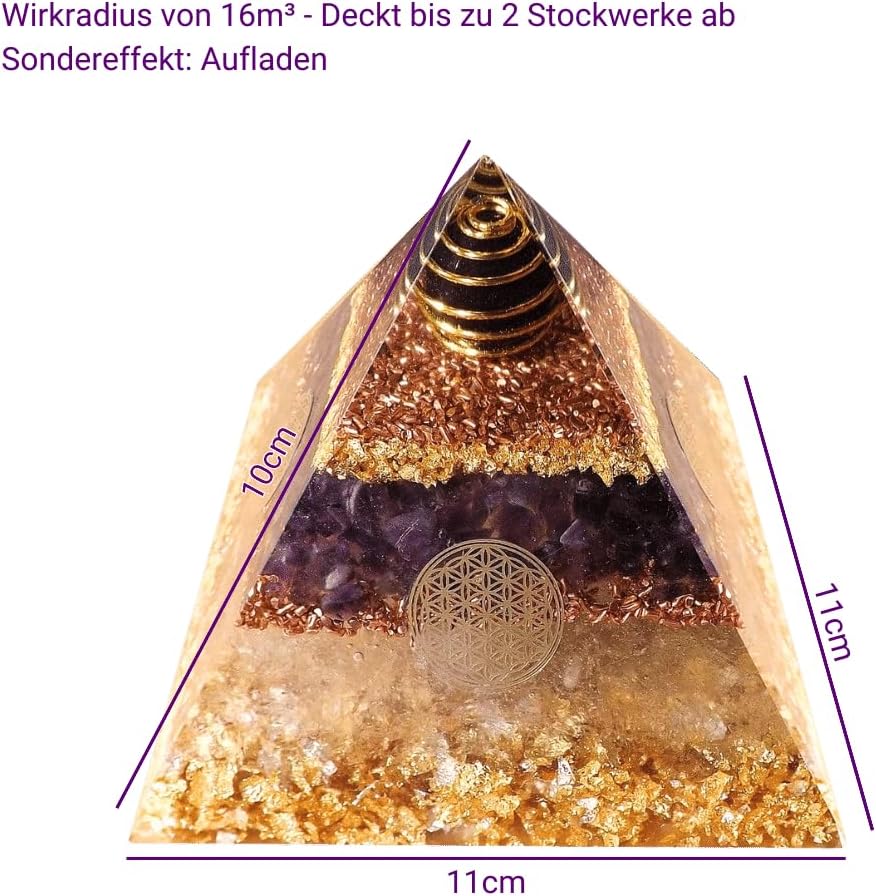 Orgonicart Orgonite Pyramid, Orgonite Pyramid, According to Wilhelm Reich with Amethyst and Rock Crystal, for Room Harmonisation and Protection Against Negative Energies, 5G, WiFi, Electrosmog
