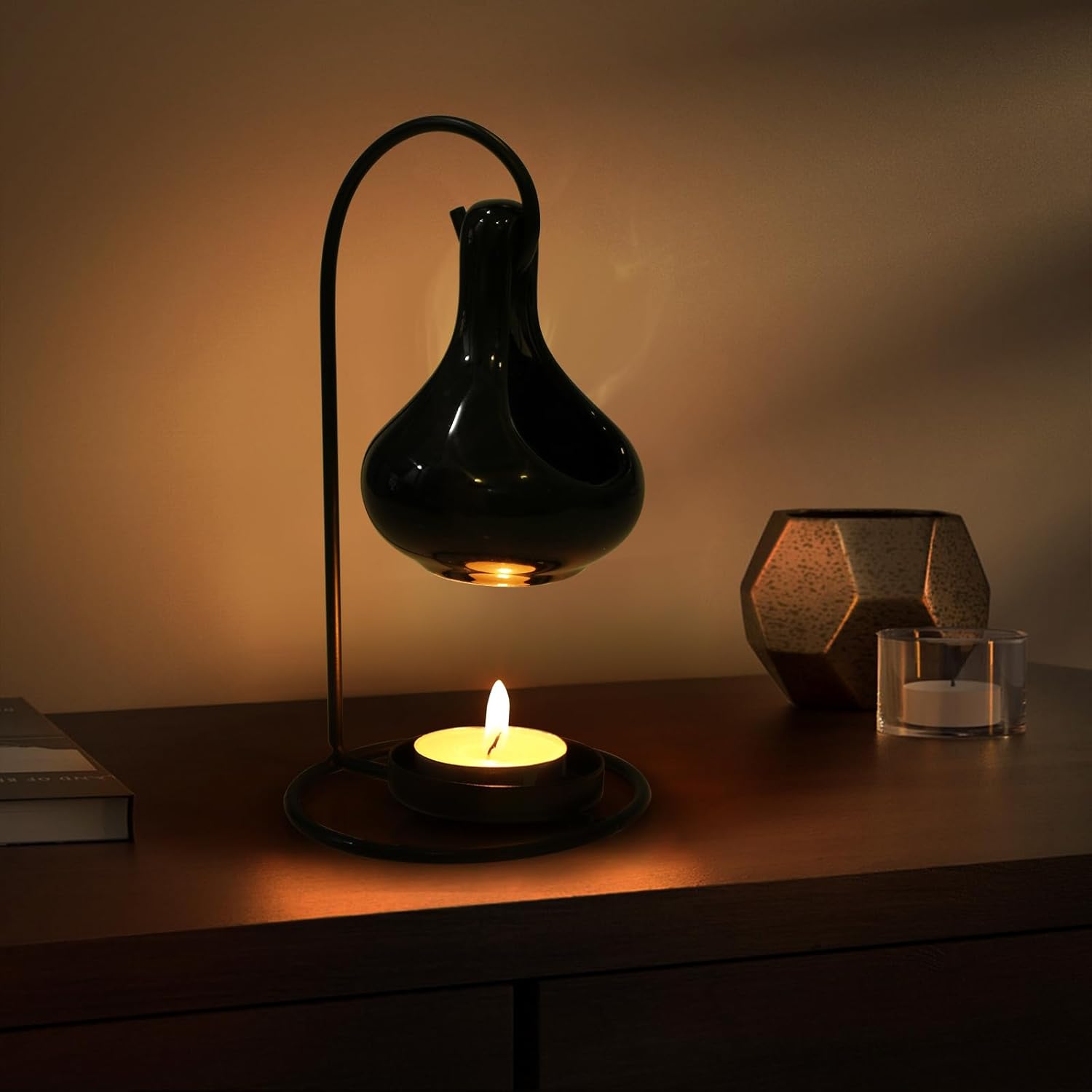 WD&CD Ceramic Oil Burner, Aroma Lamp, Tea Light Holder with Candle Spoon, Aroma Diffuser, Black