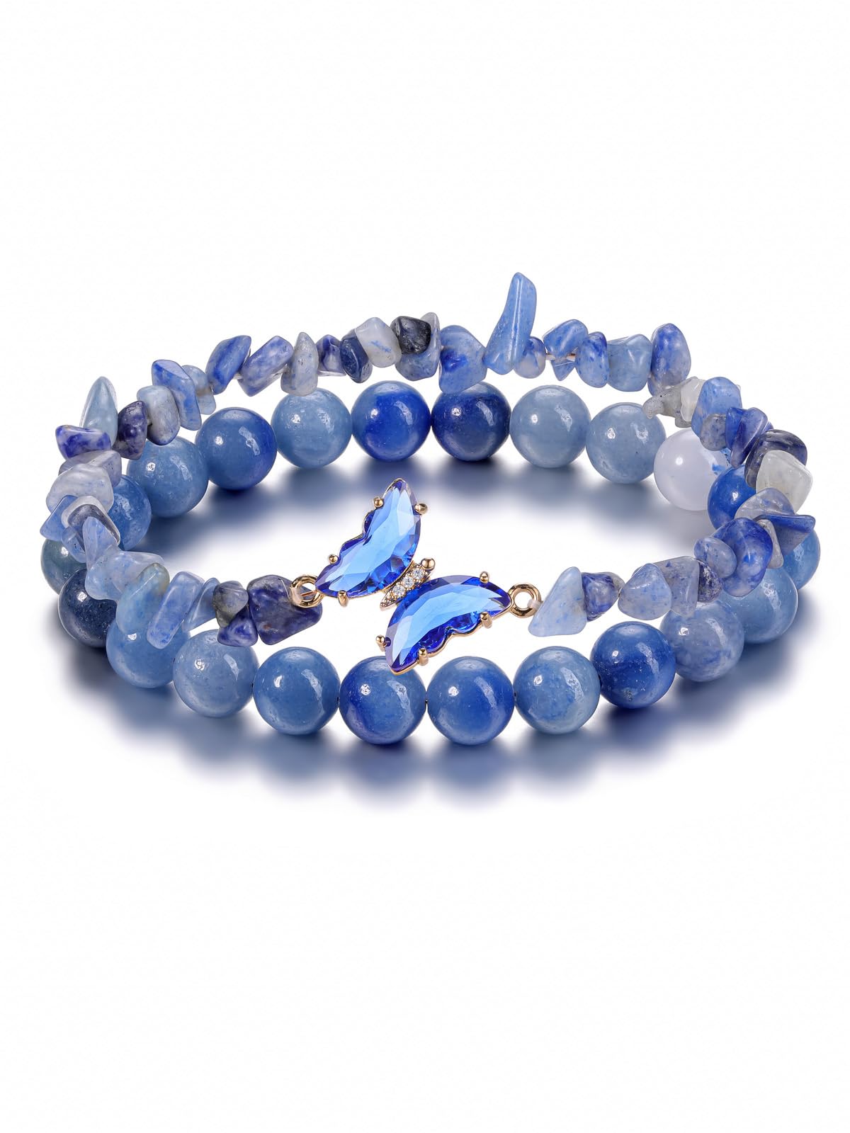 CrystalTears Schmetterling Armbänder Set 2pcs echt Edelsteine elastischer Perlenarmbänder Damen Amulett Schmuck spirituelle Geschenk