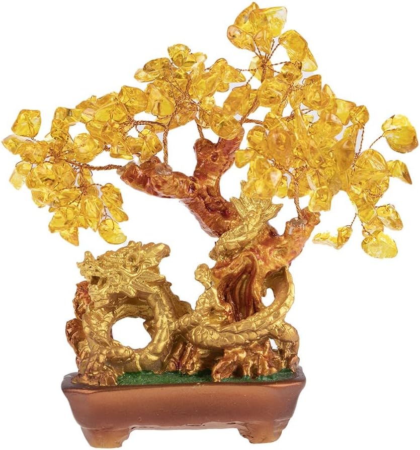 lachineuse - Drachenbaum aus gelbem Citrin – Feng Shui Baum 19 cm – asiatische Dekoration Japanischer Drache – Glücksbaum mit goldenem Drachen – asiatische Deko mit Edelsteinen – Objekt Japan Zen