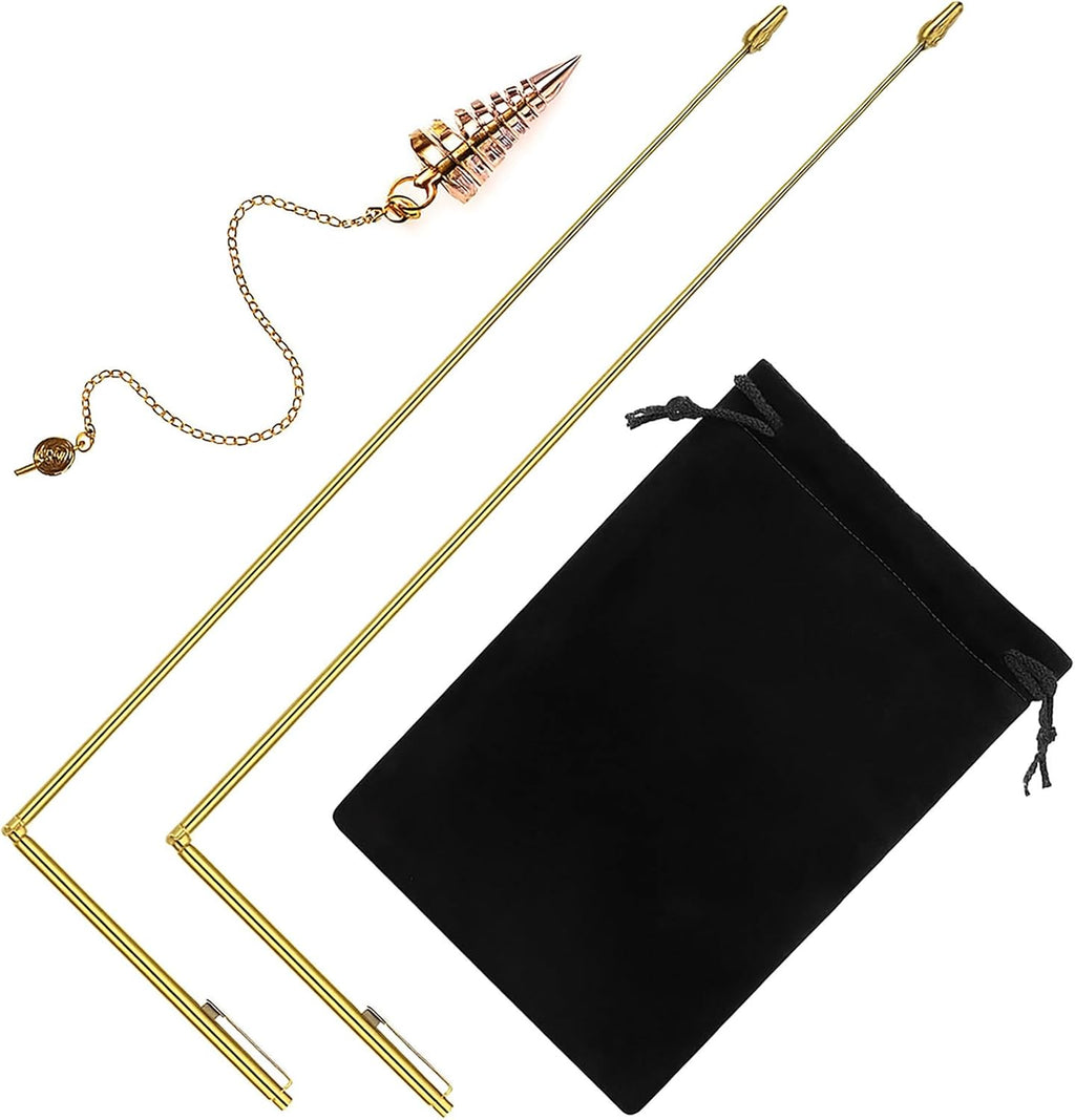 Jadive 3 Stück Wünschelruten Kupfer und Wünschelruten Pendel für Geisterjagd Energieheilung Wünschelwasser inklusive 2 Einziehbare Wünschelruten mit Kupfer Griff und 1 Pendel Anhänger (Gold)