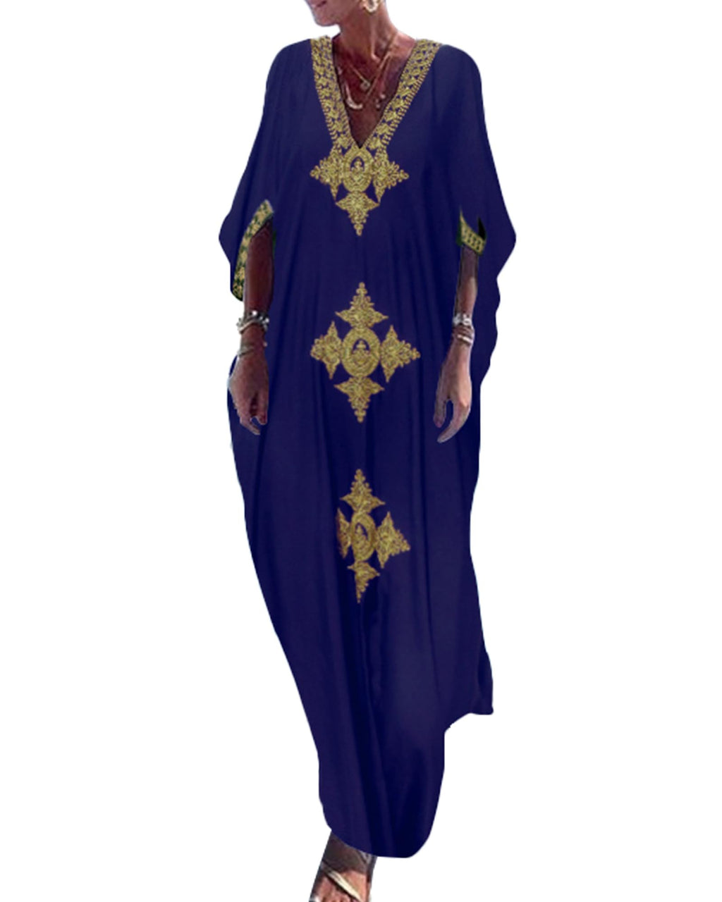 Bsubseach Gold Embroidery Long Kaftan Dresses V Neck Caftan Dress Beach Cover Ups for Women Embroidery