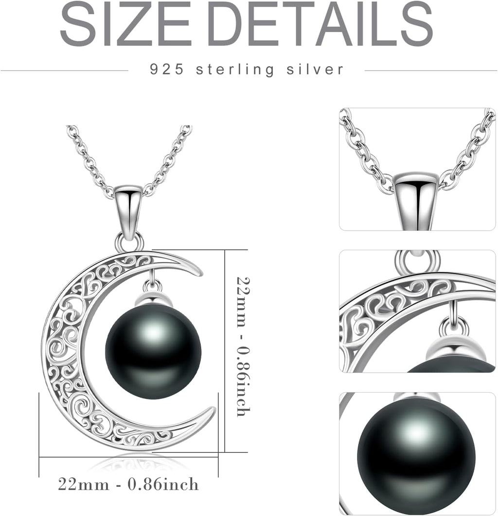Black Pearl Pedant Necklace Celtic Moon for Womens ,Silver Forever Love 10mm Pearl 18"+2" inches Chain Neckalce for Mother's