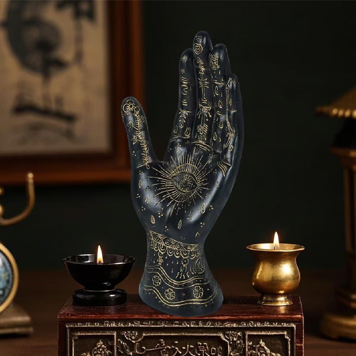 Palmistry Hand Resin Statue Telling Palm Reading, Ancient Mystical Palm with Lines and Symbols Sculpture for Palm Readers（Black）