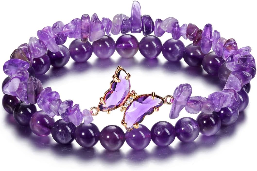 CrystalTears Schmetterling Armbänder Set 2pcs echt Edelsteine elastischer Perlenarmbänder Damen Amulett Schmuck spirituelle Geschenk