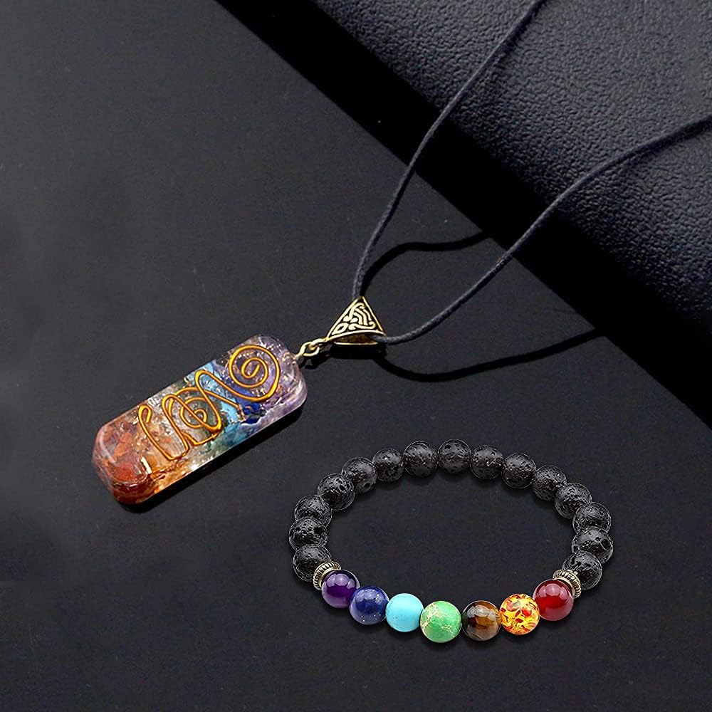 TOFBS Chakra Crystal Pendant Necklace & Bracelet Jewellery Set for Men and Women, Reiki Healing Stone Necklace Bracelet Lucky Charm for Healing Protection Positive Energy Yoga Balance Meditation