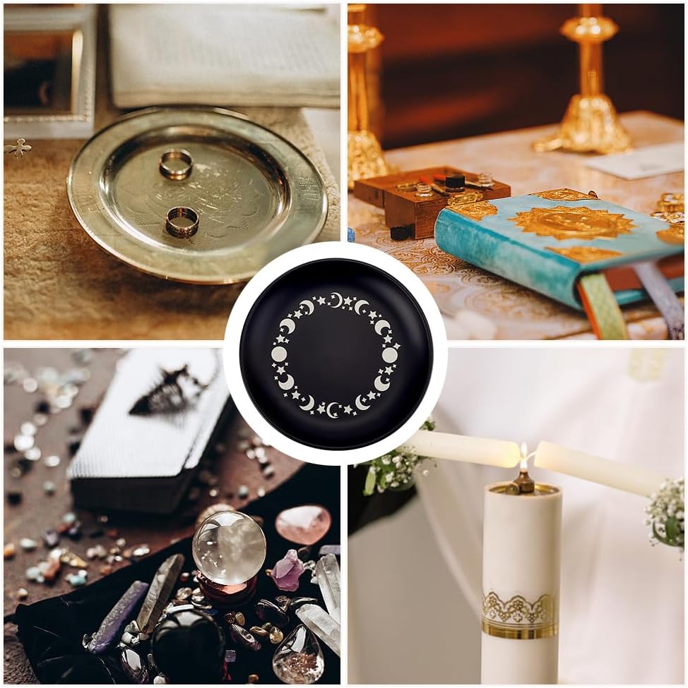 CREATCABIN Phase Moon Star Opferschale Altar Ritualteller Schale Edelstahl Flache Schale Rund Schmucktablett Gebet Tarotteller Schwarzer Ringhalter Schmuckstück Mit Karte Zum Räuchern Dekoration 14cm