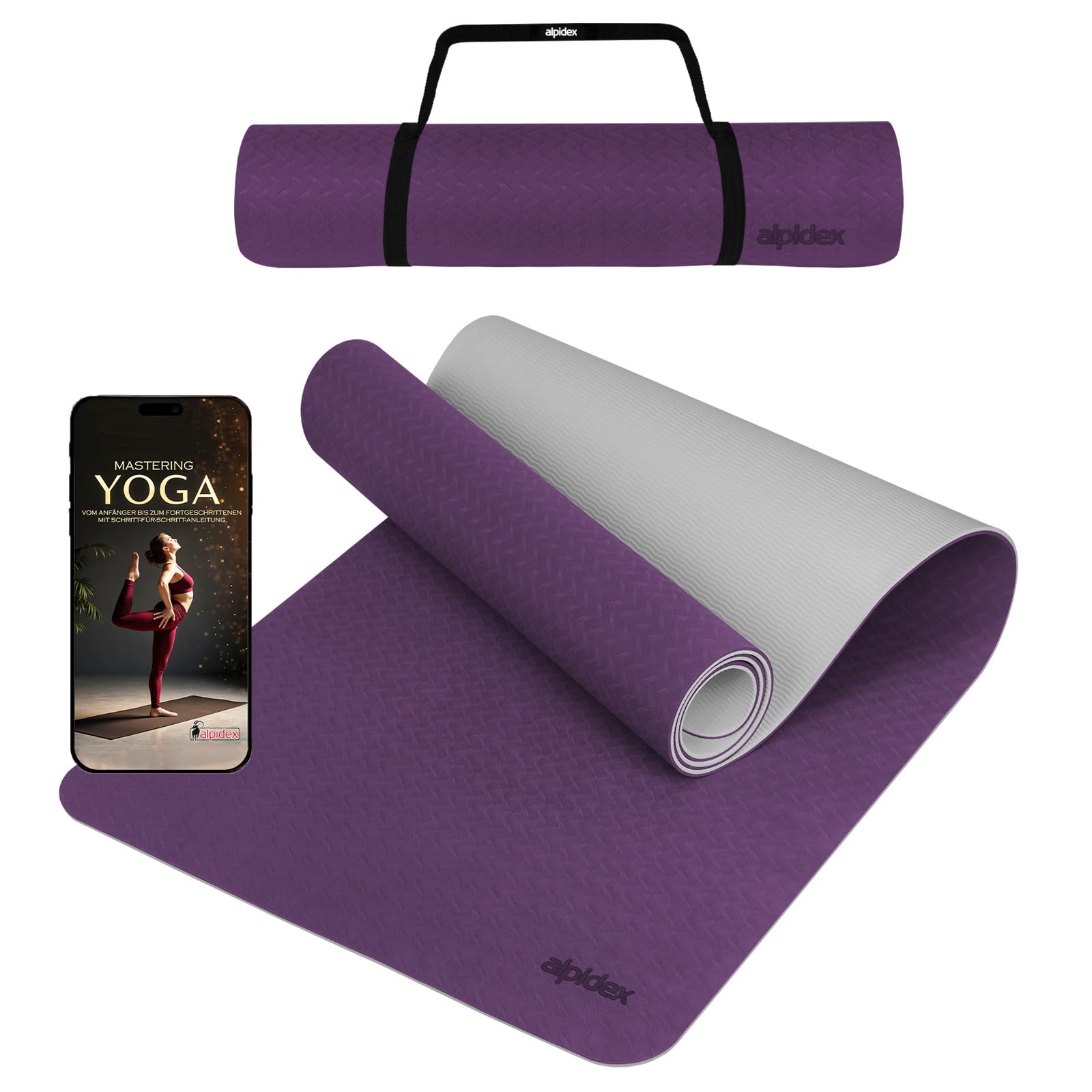 ALPIDEX Yoga Mat Non-Slip 190 x 61 x 0.6 cm | 190 x 90 x 0.6 cm E-Book Phthalate-Free Fitness TPE Mat Gymnastics Pilates Sports Yoga Training Mat
