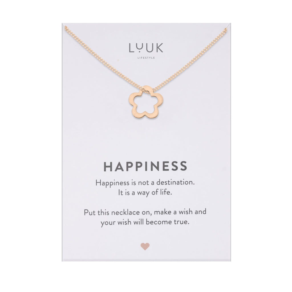 LUUK LIFESTYLE Filigrane Halsketten mit Anhänger und Karte mit HAPPINESS Spruch, zeitloses Design und moderne Motive, in Silber, Gold und Rosegold