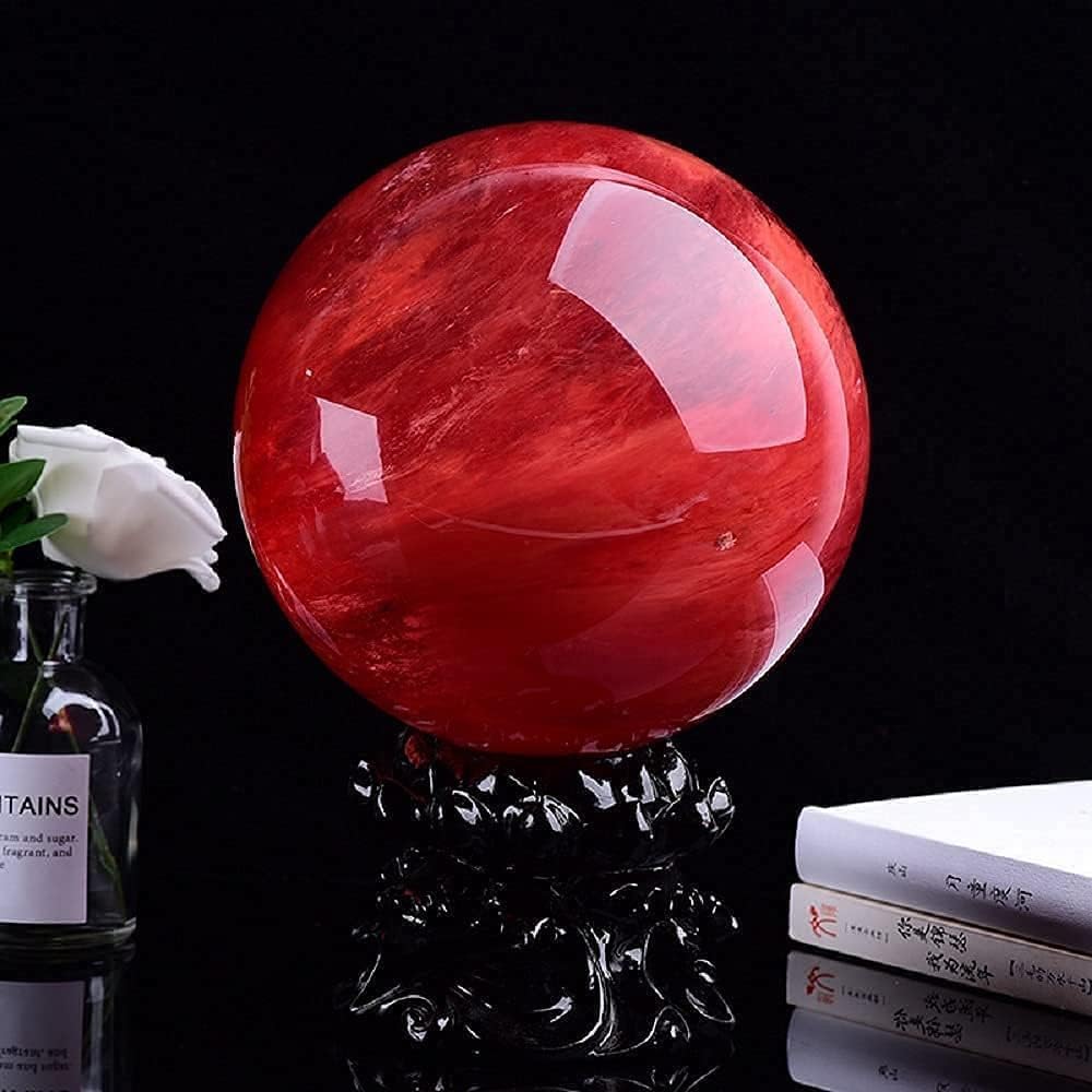 GYKLE Red Obsidian Ball with Stand, 4 Inch Natural Red Crystal Ruby Ball Sphere Melting Quartz Crystal Gemstone for Meditation Healing Feng Shui Divination Sphere Home Decoration Gift Box