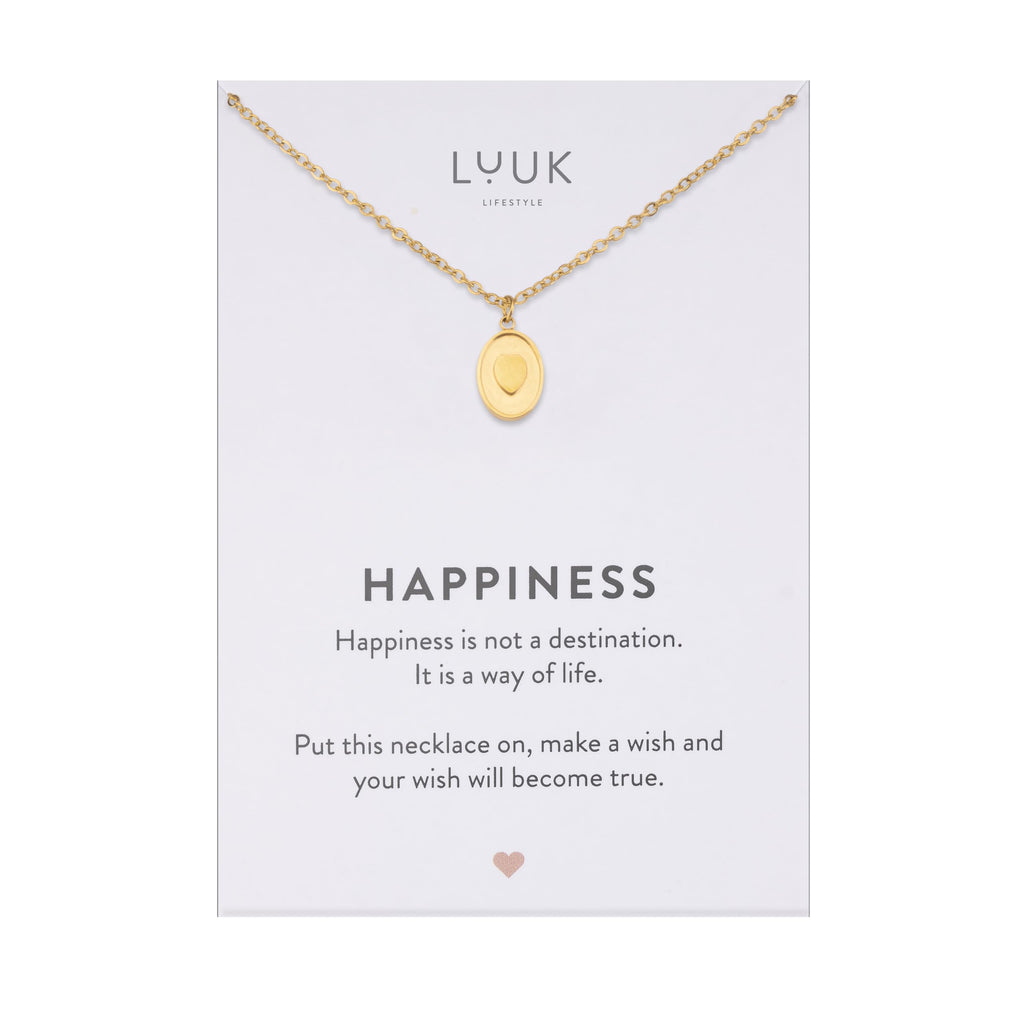 LUUK LIFESTYLE Filigrane Halsketten mit Anhänger und Karte mit HAPPINESS Spruch, zeitloses Design und moderne Motive, in Silber, Gold und Rosegold