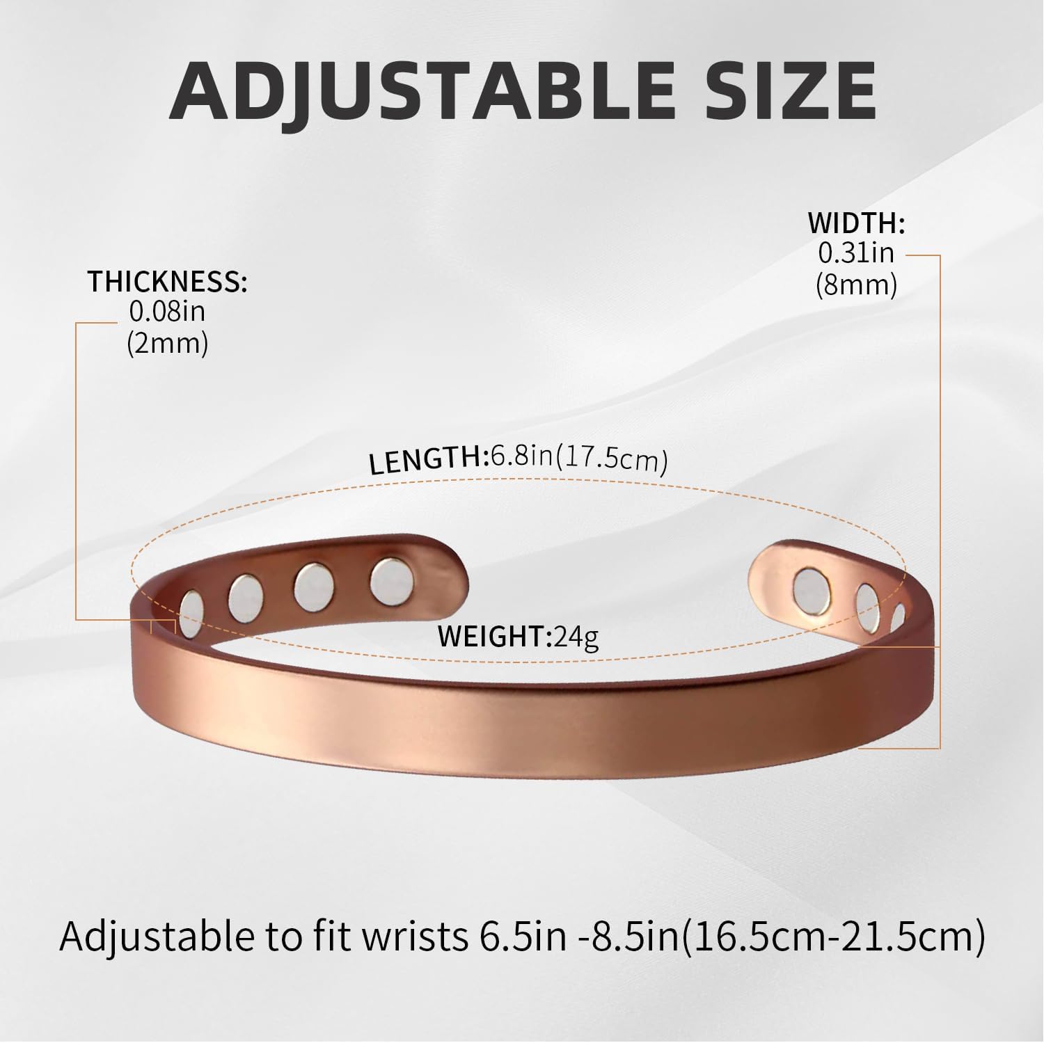 MagEnergy Copper Bracelet for Men and Women 99.9% Pure Copper Bangle 6.8 Inch Adjustable with 8 Magnets
