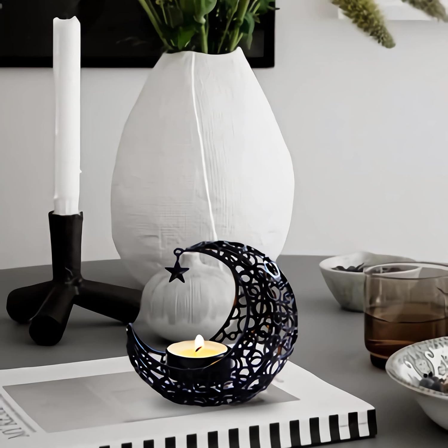 Teelichthalter Moon Kerzenständer Schwarz Windlicht Laterne Tischdeko Wohnzimmer Deko modern Kerzen Deko Kerzenhalter Weihnachten, Grillparty, Valentinstag, Muttertag Ramadan Dekoration