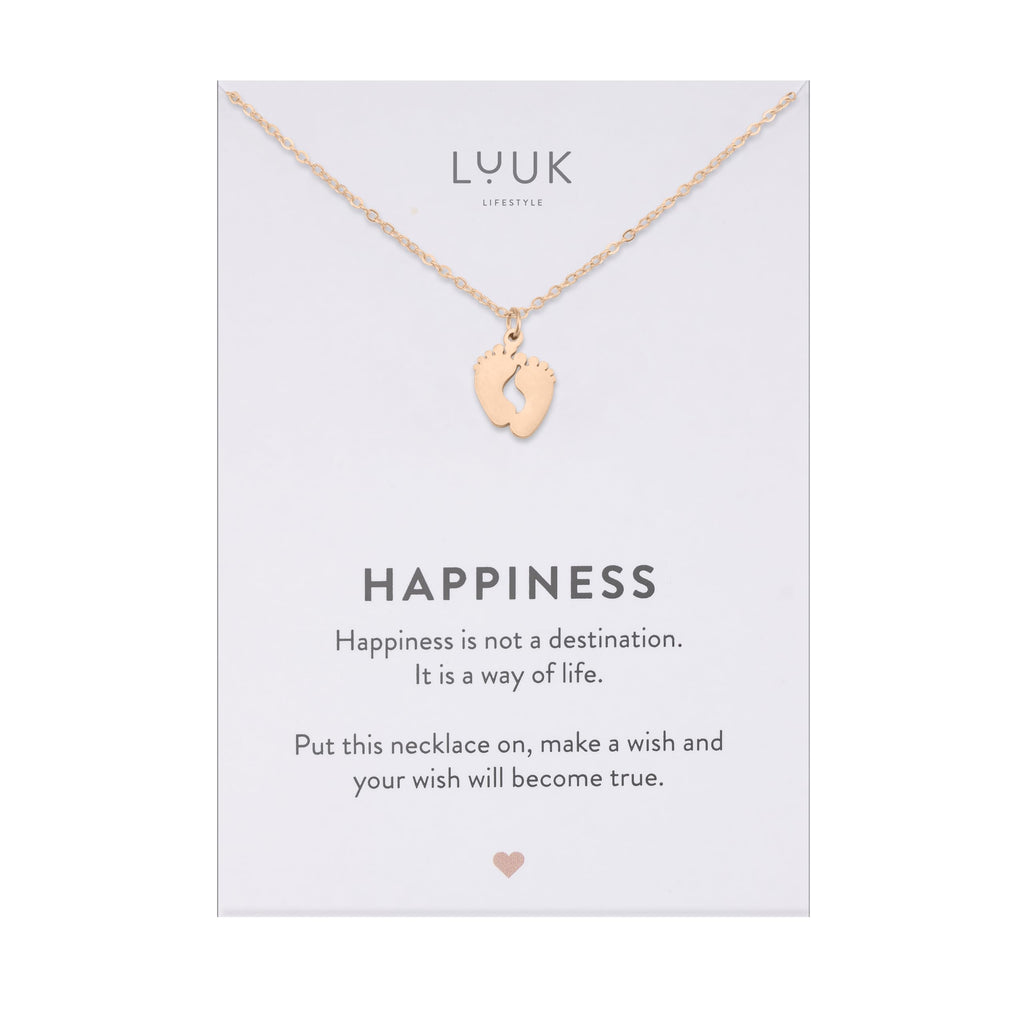 LUUK LIFESTYLE Filigrane Halsketten mit Anhänger und Karte mit HAPPINESS Spruch, zeitloses Design und moderne Motive, in Silber, Gold und Rosegold