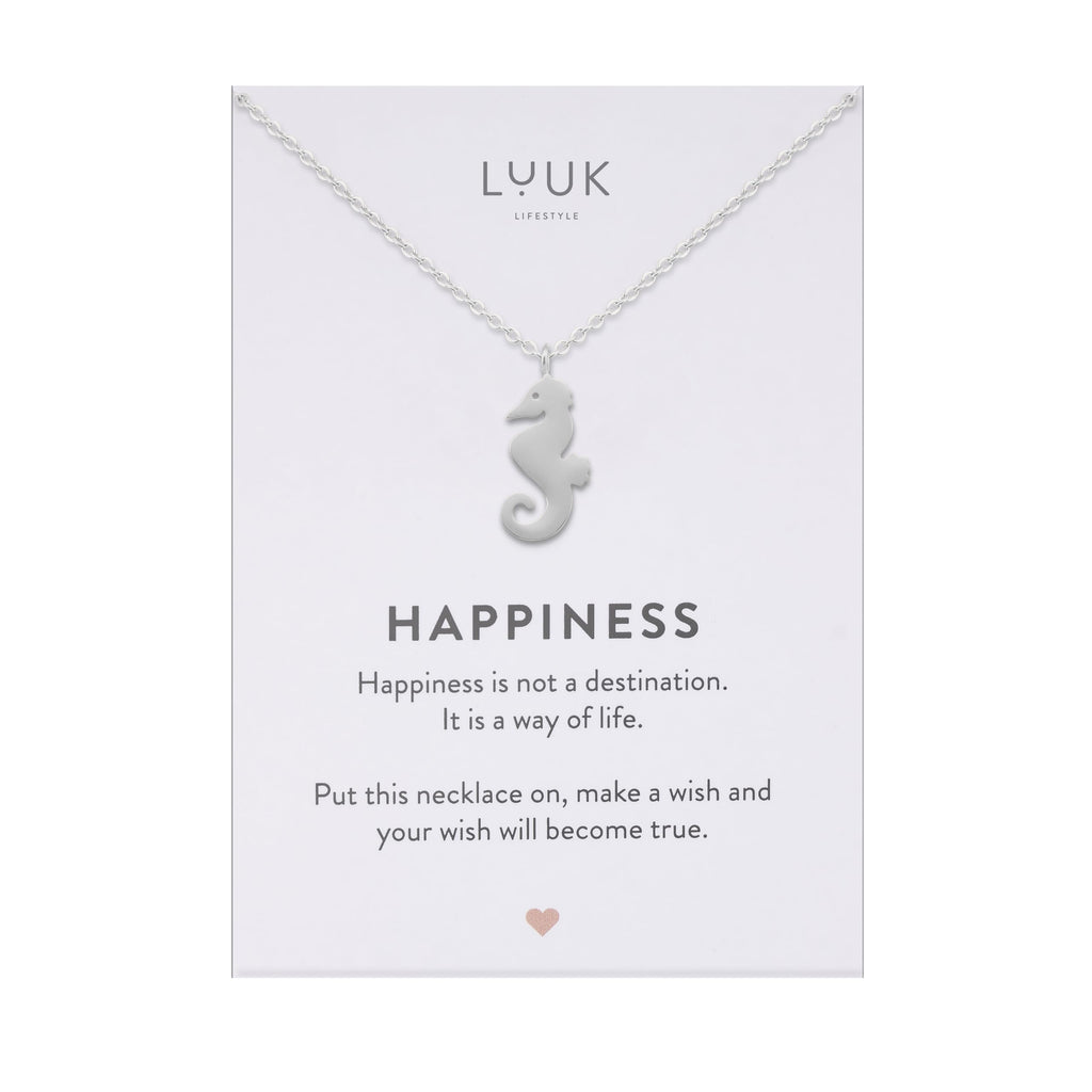 LUUK LIFESTYLE Filigrane Halsketten mit Anhänger und Karte mit HAPPINESS Spruch, zeitloses Design und moderne Motive, in Silber, Gold und Rosegold