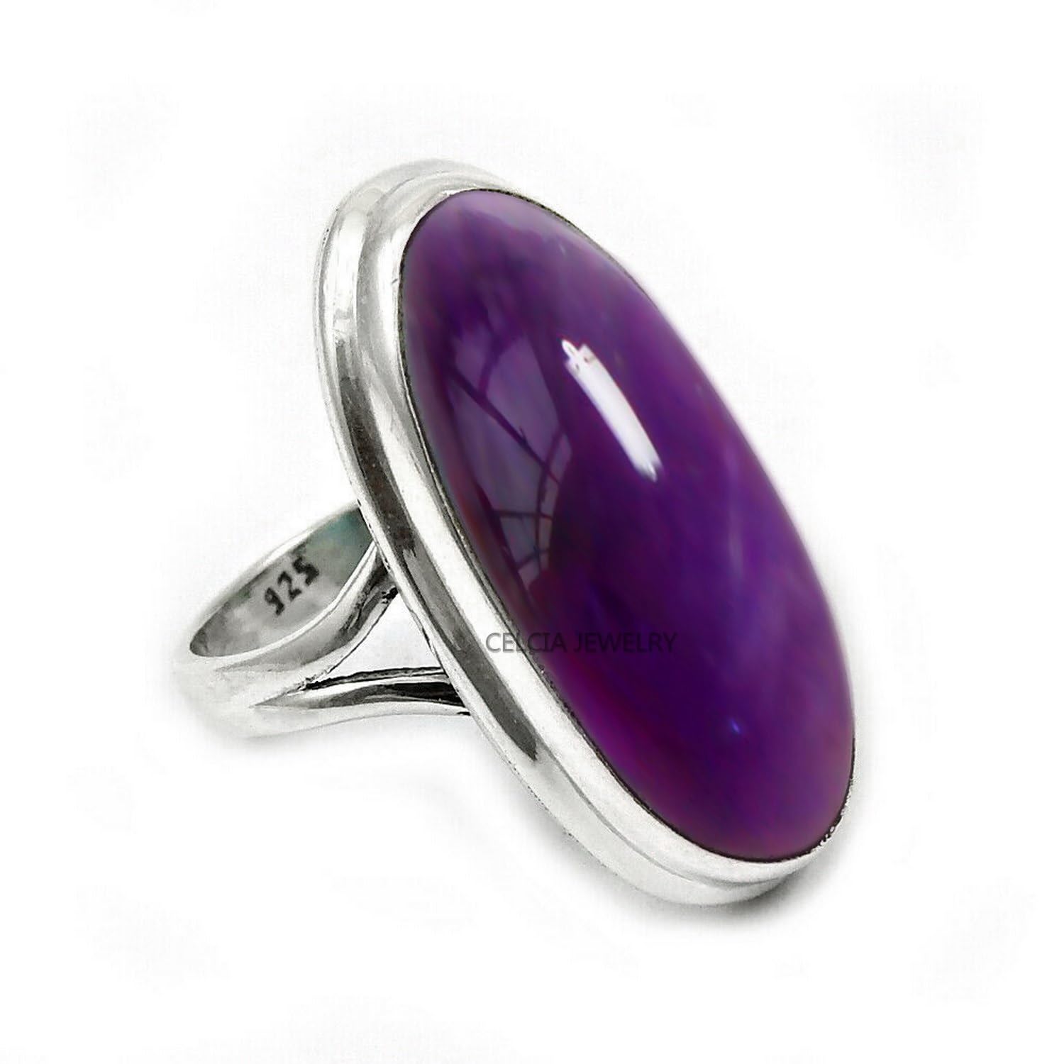 Large Oval Gemstone Handmade Jewellery, 925 Sterling Silver Tribal Ring, Engagement Gifts for Couples, Birthday Gifts for Men, Fathers Day Gifts, Promise Ring, Men's Gifts (Size 7.5, Charoite)