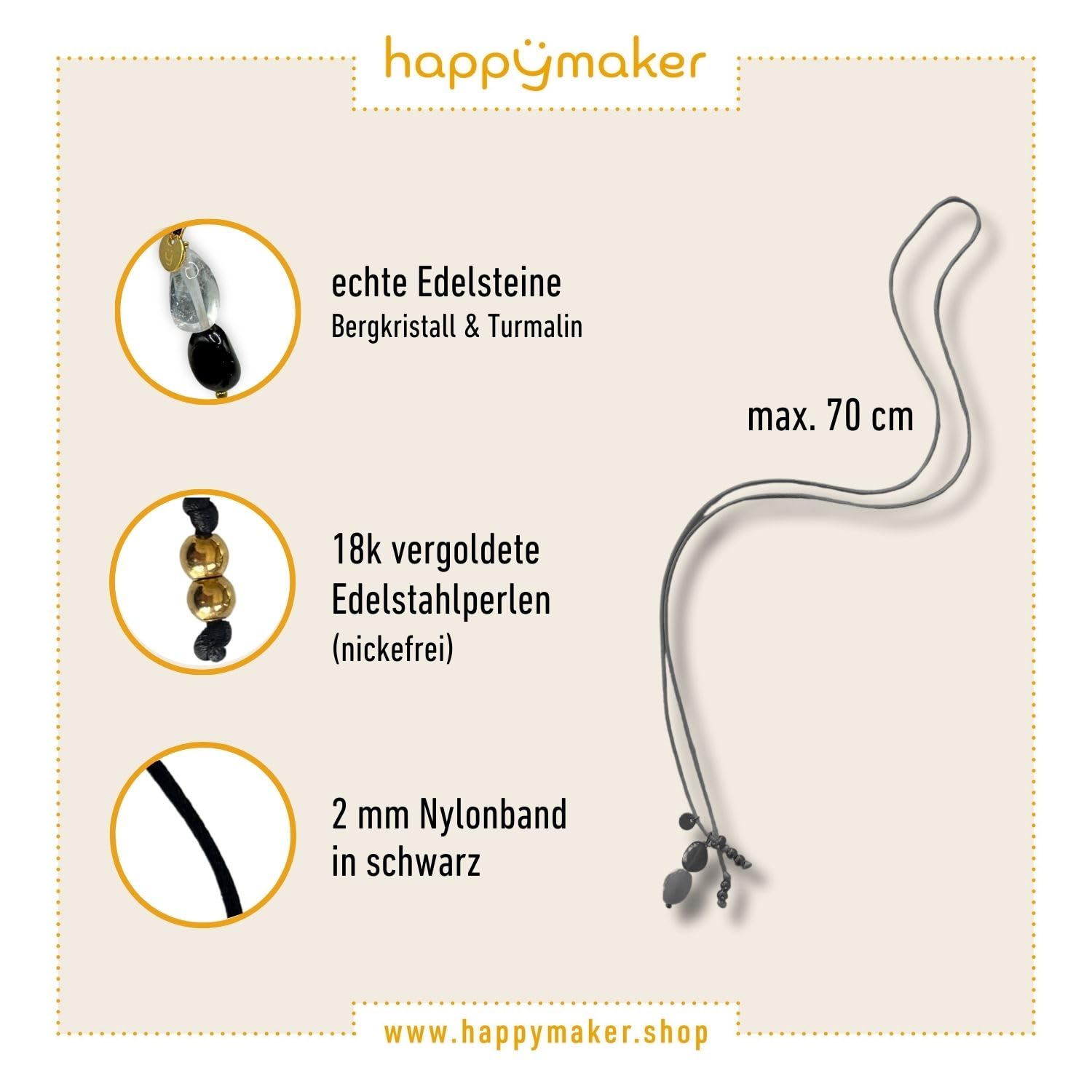happymaker - Schwarzer Turmalin Kette mit Bergkristall, Stoffband mit 18k vergoldeten Perlen und echten Edelsteinen, Turmalin und Bergkristall Anhänger, lange Kette Damen, handgefertigt in Deutschland