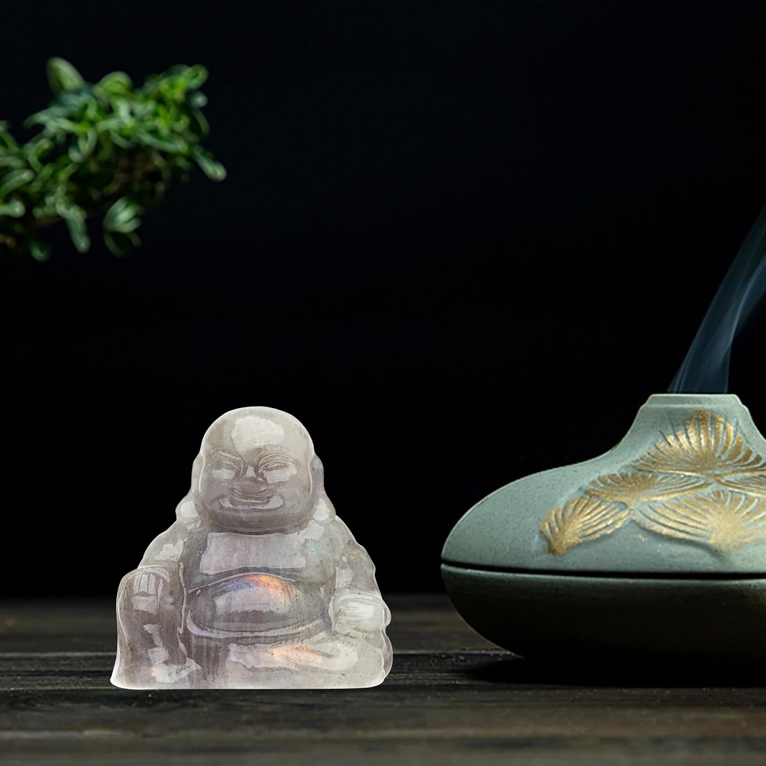 Labradorite Crystal Laughing Buddha Statue Meditation Decor Spiritual Art Piece Healing Stone Figurine Zen Altar Sculpture Feng Shui Gift Yoga Space Ornament Peaceful Home Temple Collectible