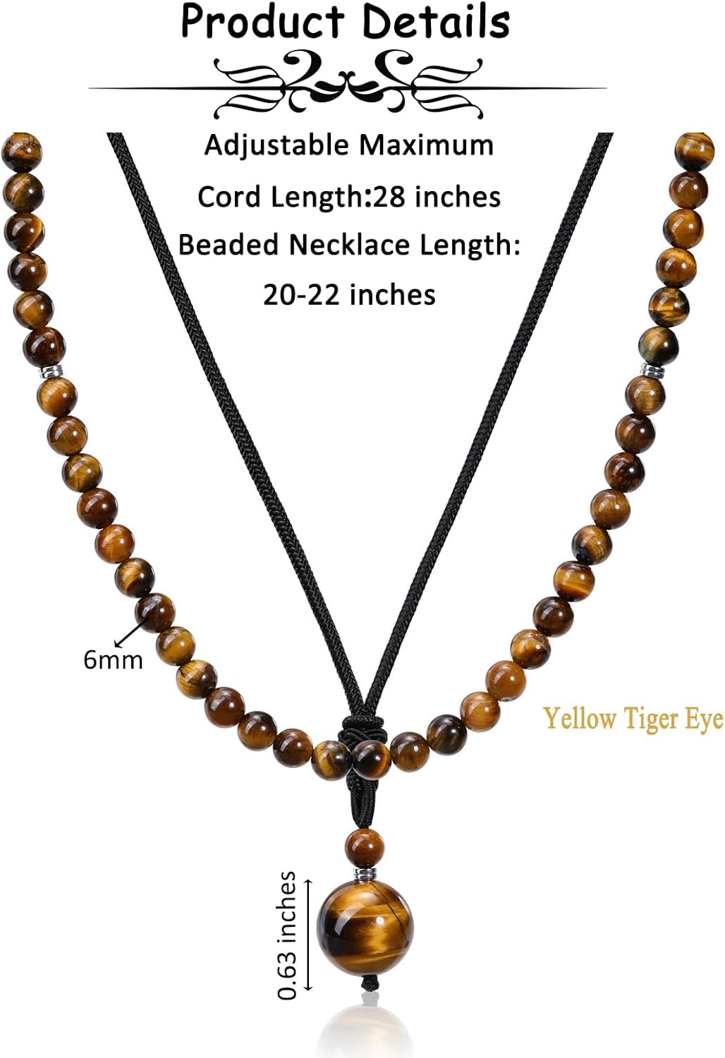 2pcs Men's Necklace Tiger's Eye Obsidian Beads Chains Black Braided Cord Chain with Ball Stones Pendant Crystal Chain Healing Stones Jewellery Spiritual Gift for Men Boys