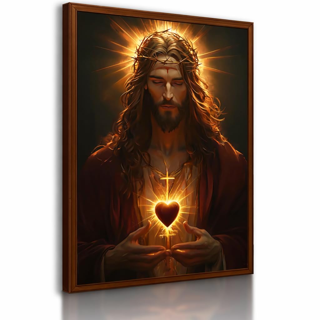 RJETZMU Sacred Heart of Jesus Canvas Wall Art, Divine Mercy Painting Picture Wall Decor, Wrapped Christian Artwork, Ready to Hang Catholic Home Decor for Living Room Bedroom Prayer Room, 12 x 16 Inch