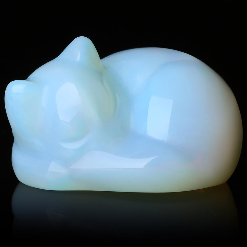 QINJIEJIE Dalmatian Jasper Cat Crystals Figurine Sleeping Cat Figure Statue Gemstones Sculpture Lucky Kitten Cute Decoration Men Women