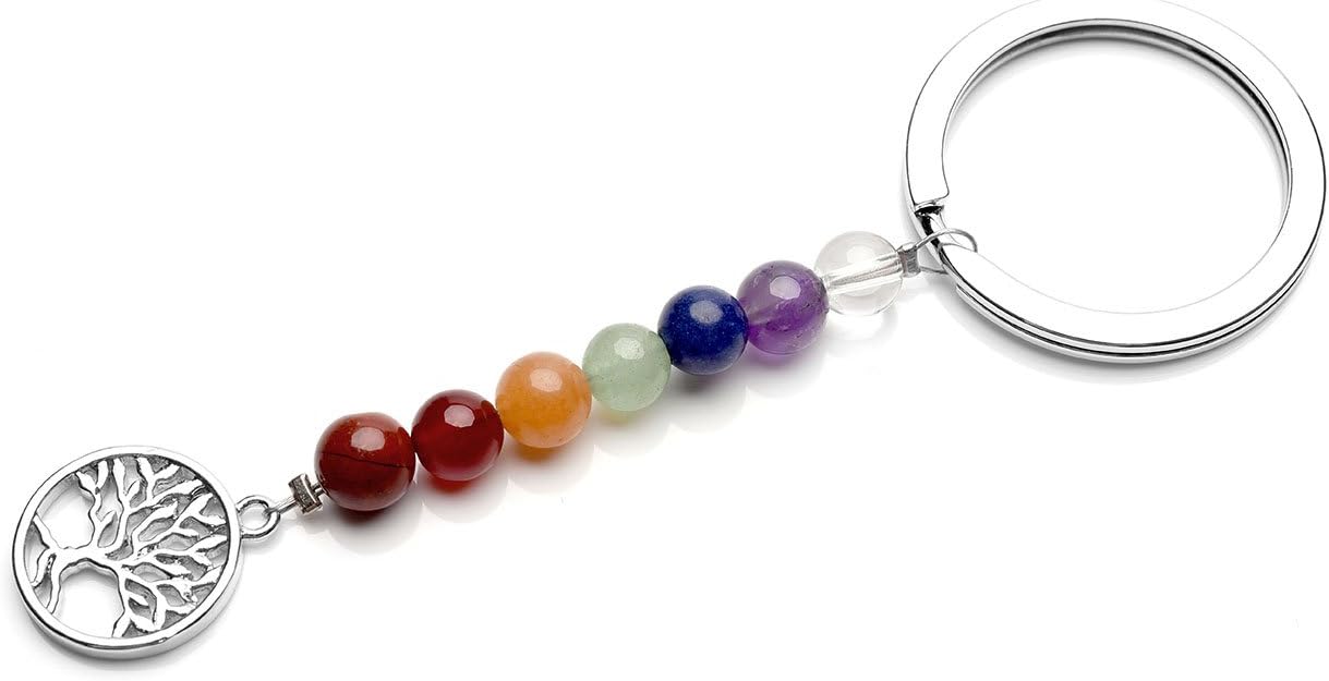 JSDDE Schlüsselbund Natürlich Edelstein Lebensbaum Schlüsselanhänger 7 Chakra Anhänger Schlüsselring Keychain Schmuck